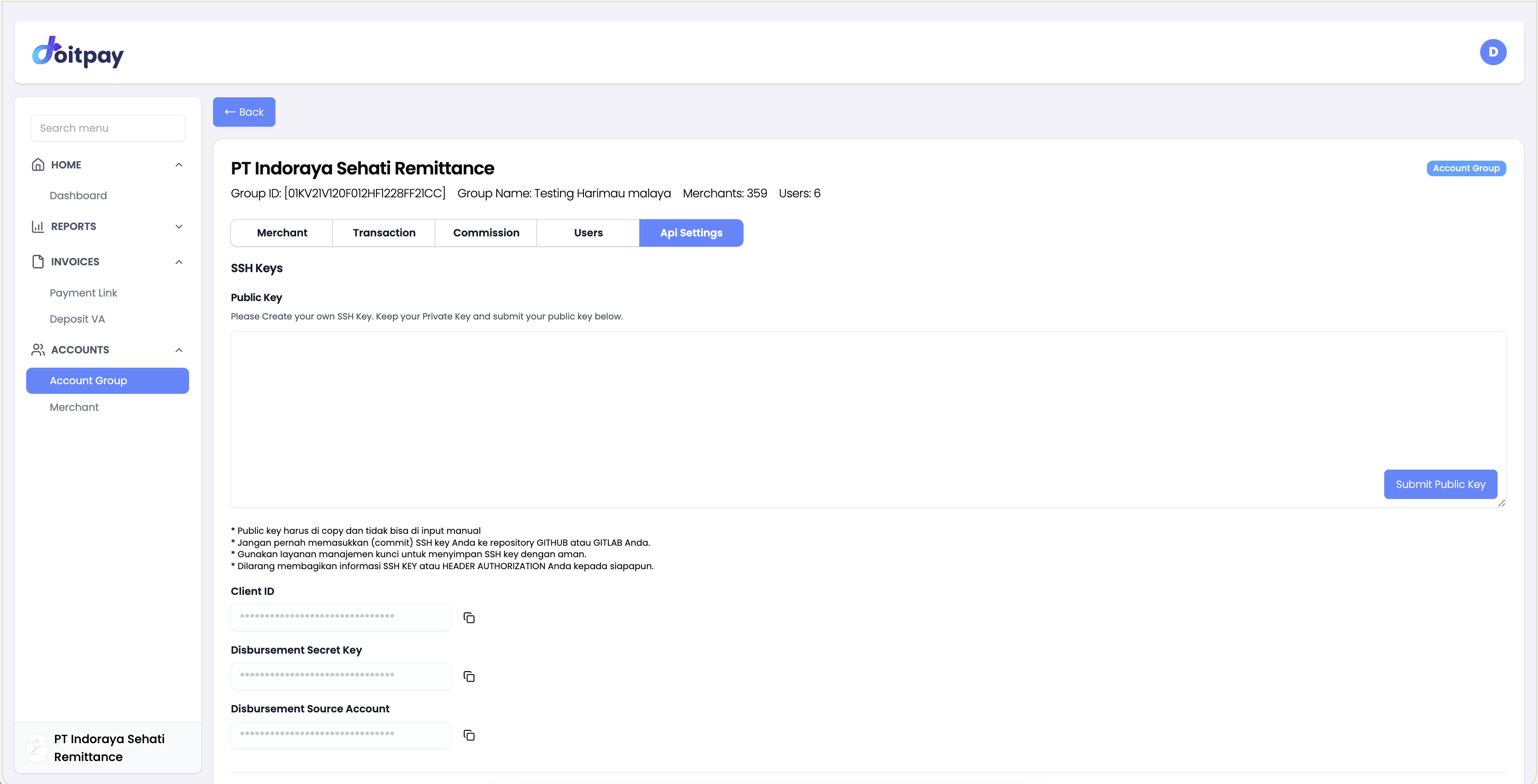 Business Details - API Settings