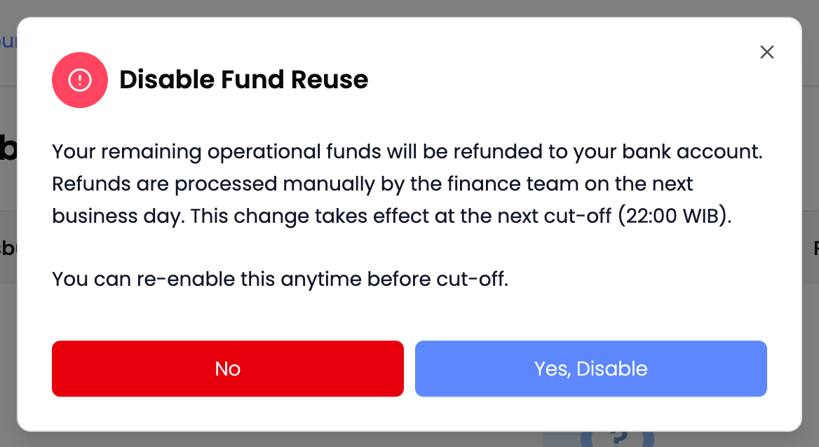 Disable Fund Reuse dialog
