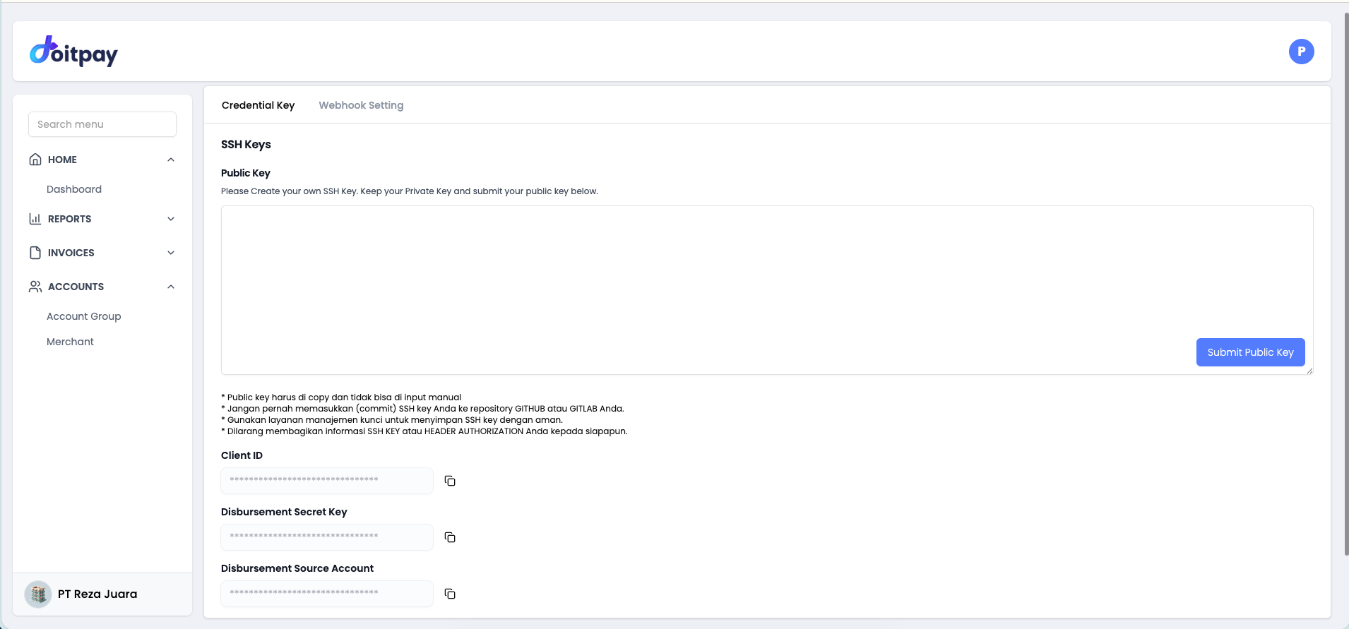 API Settings - Credential Key