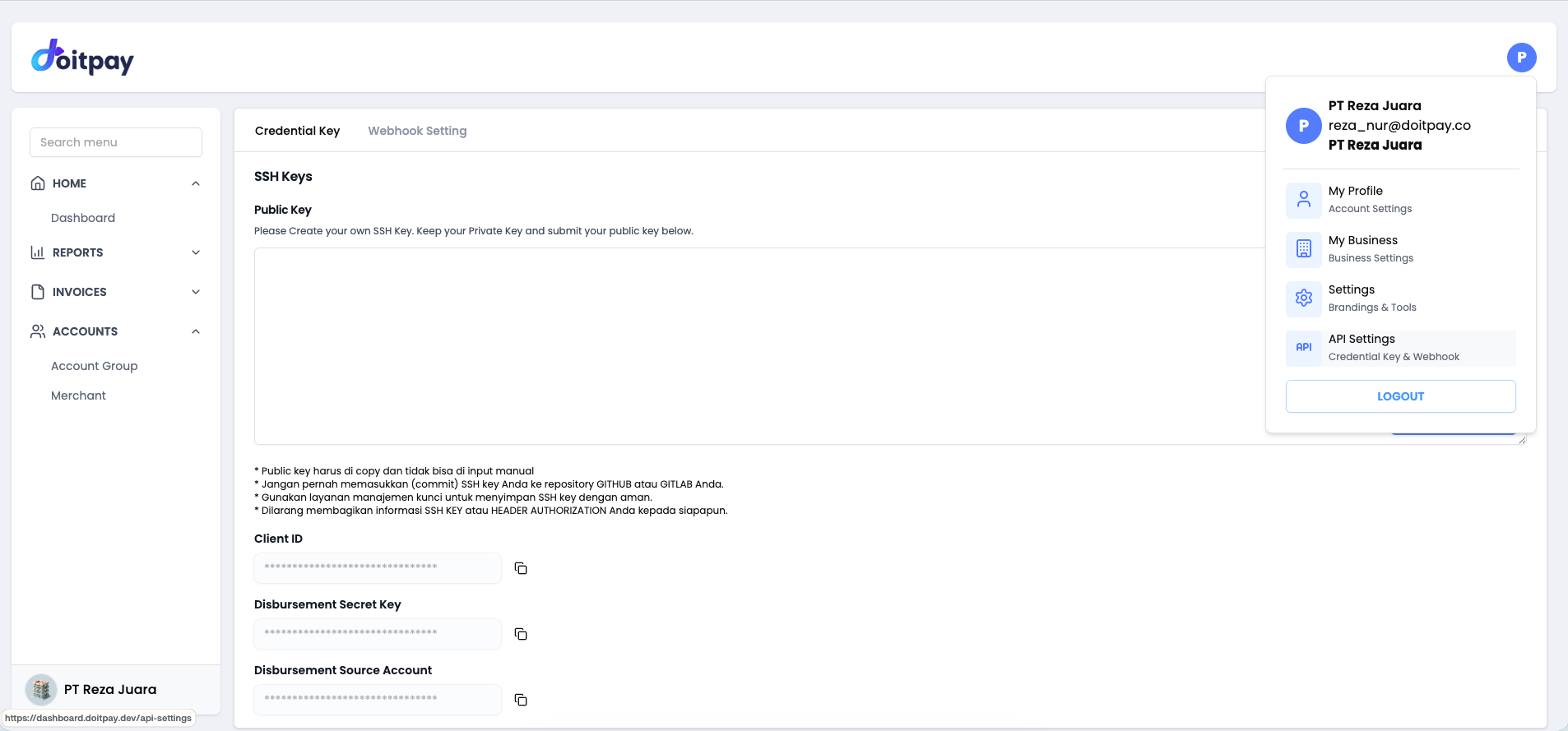 API Settings from Profile Dropdown